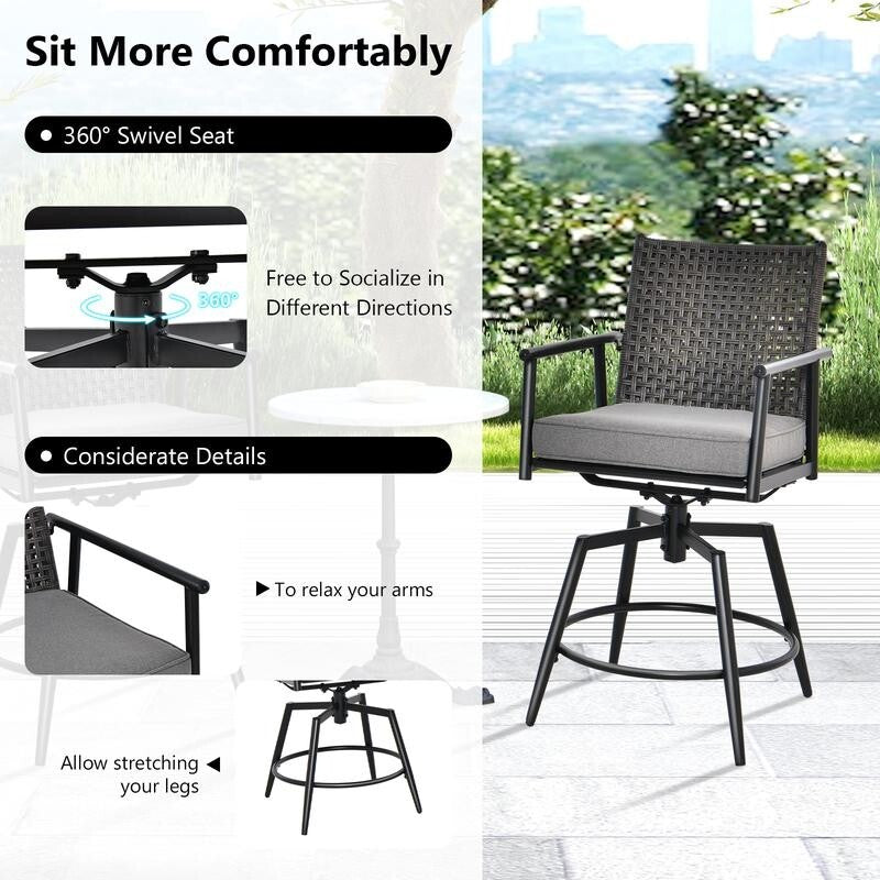 2x Outdoor Swivel Bar Stools with Cushions Rattan Garden Chairs Patio Set