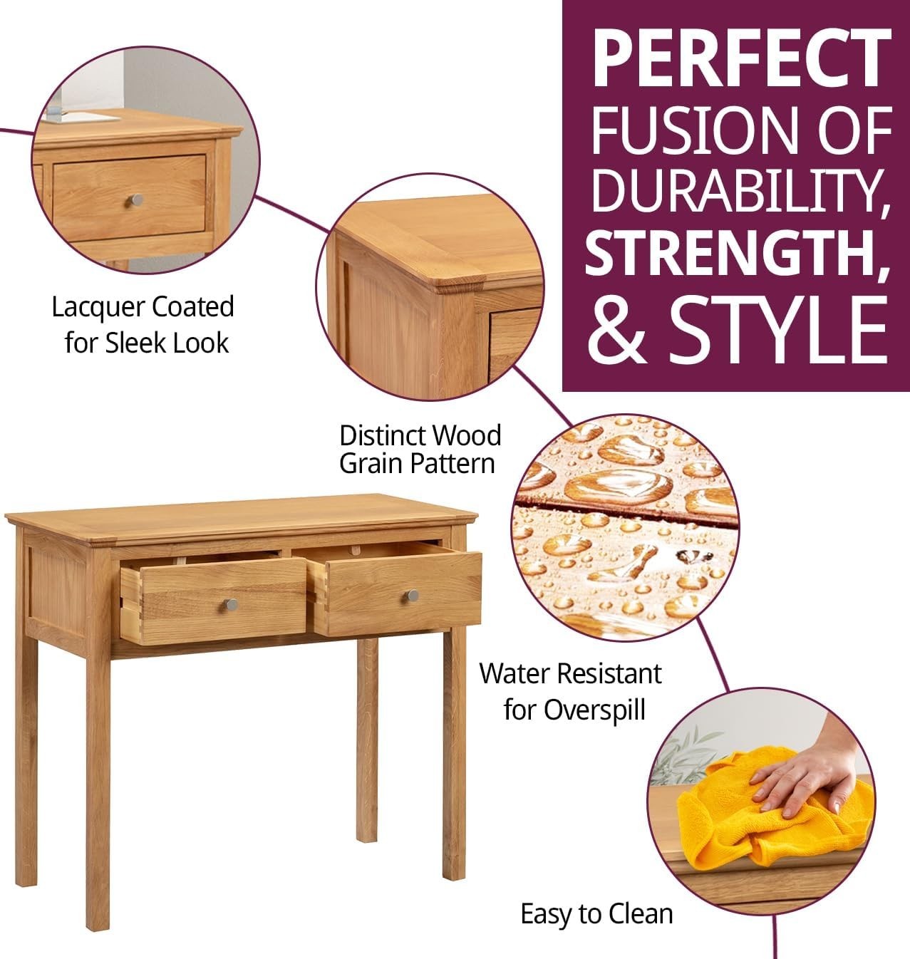 Solid Oak Wood Dressing Table Desk Console Vanity 2 Drawers Light Modern