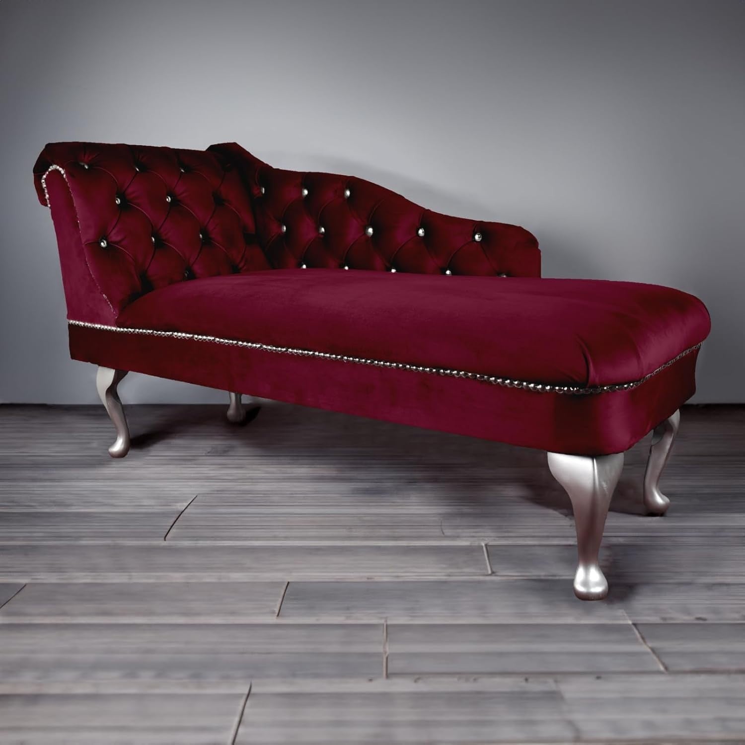 Luxury Velvet Chaise Lounge Sofa Left Hand – Tufted Seat, Silver Legs, UK Made