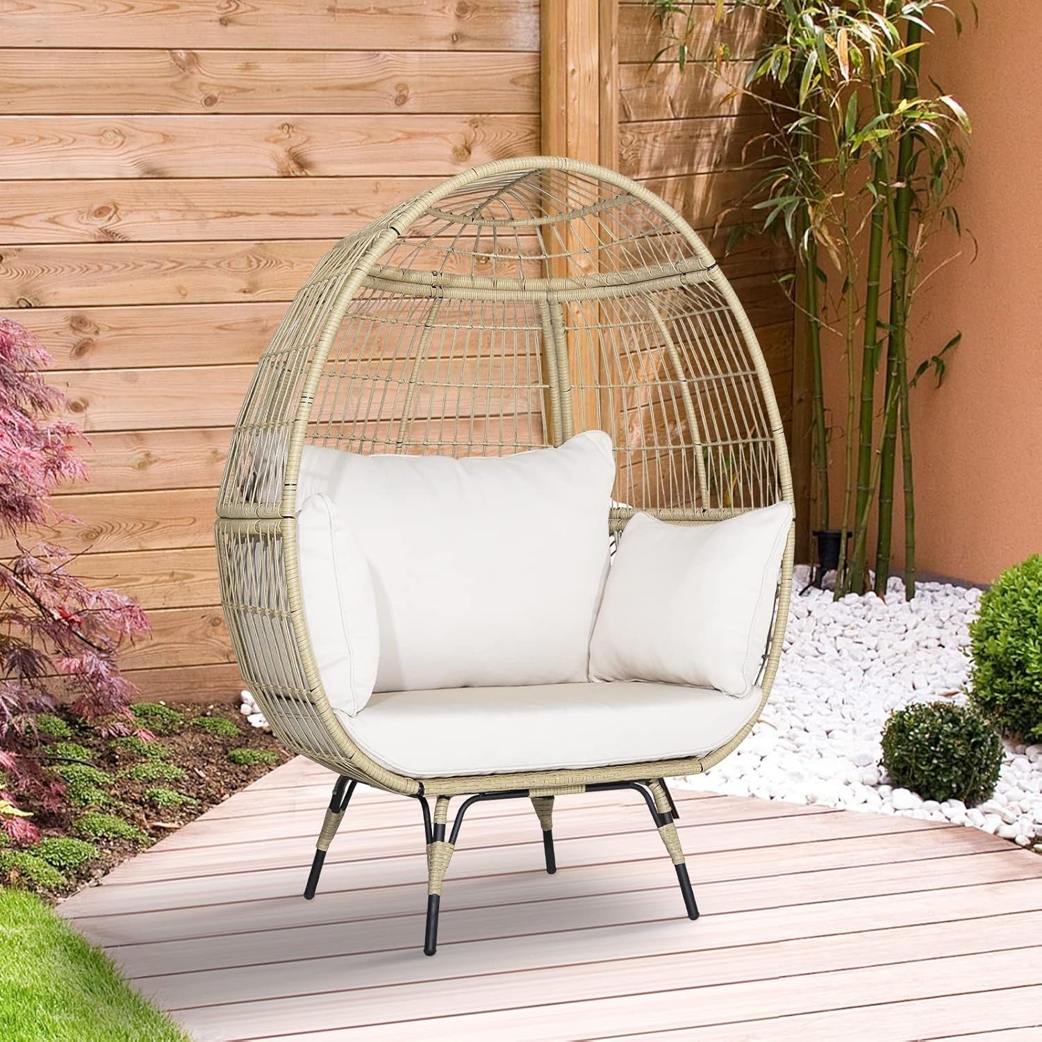 Two Seater Rattan Egg Chair Oversized Cushioned Freestanding Wicker Lounger