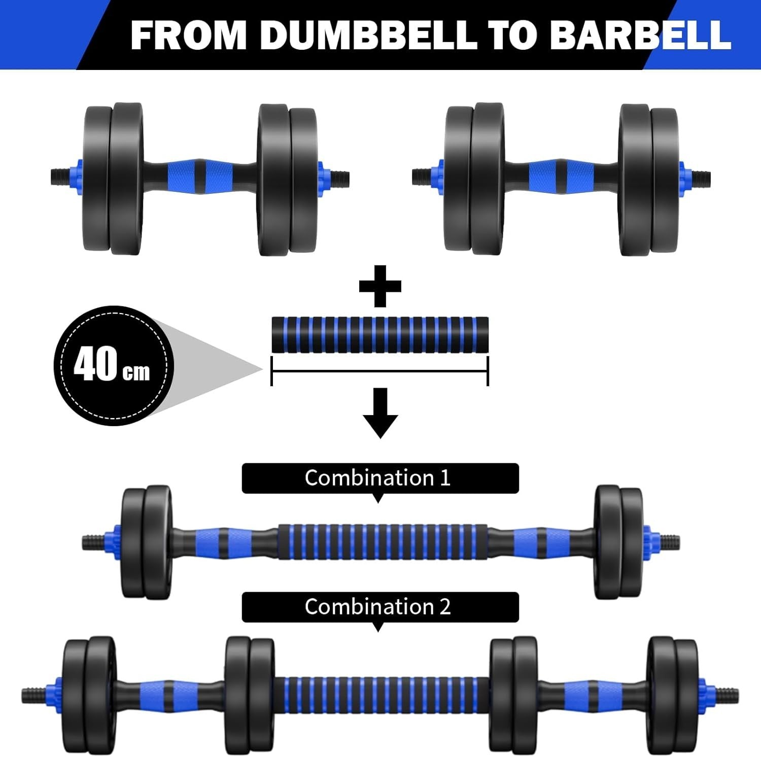 15KG Adjustable Dumbbell & Barbell Set 3-in-1 Home Gym Fitness Weights