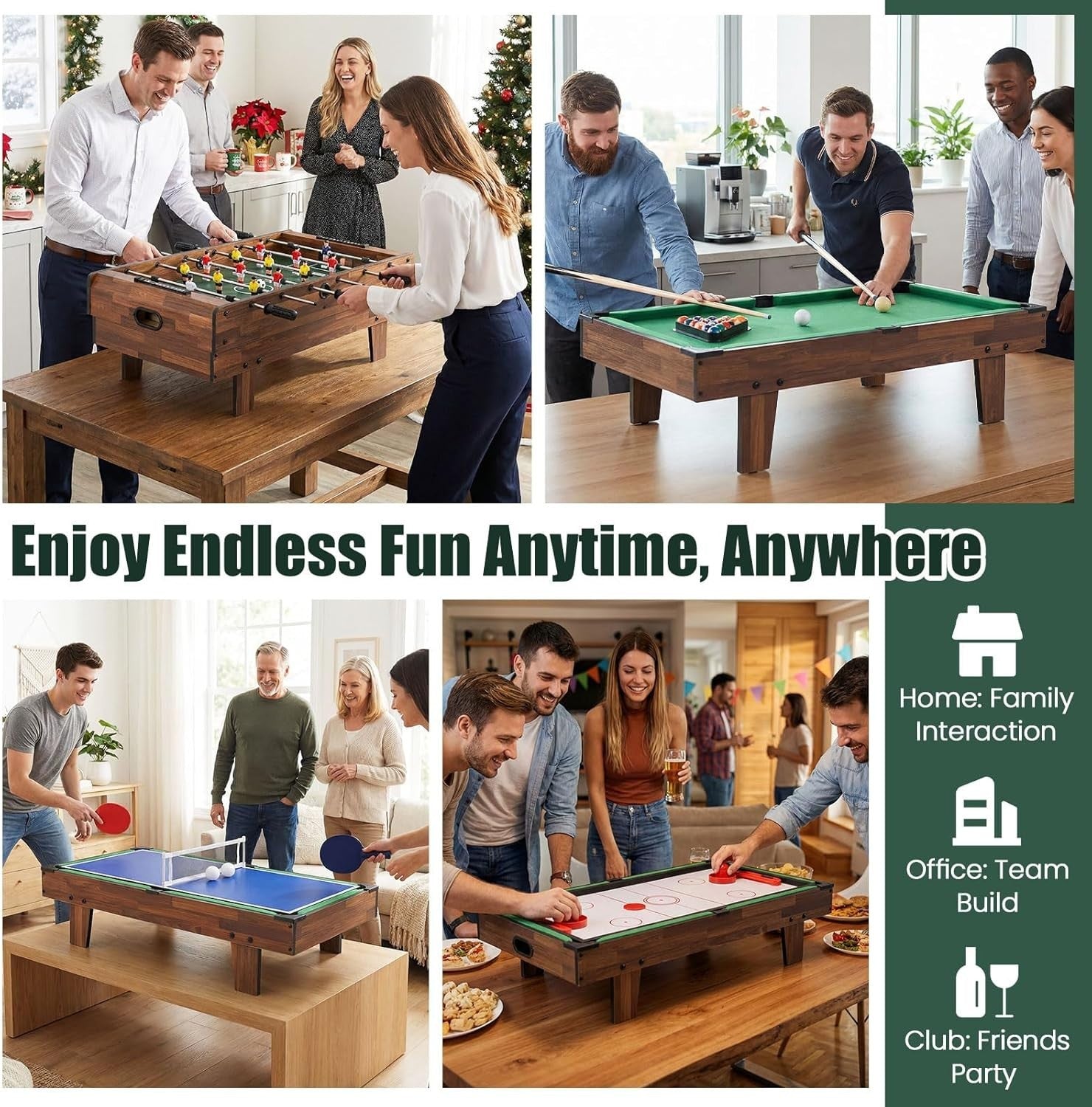 4 in 1 Multi Game Table Foosball Air Hockey Pool Tennis Kids Adults