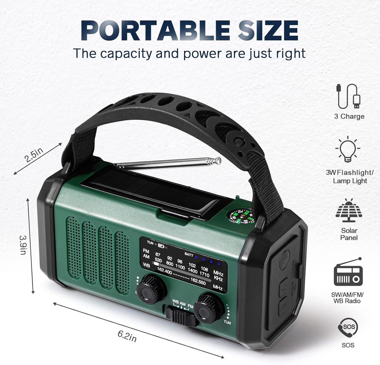 Emergency Crank Radio 10000mAh Solar, USB-C, NOAA, LED Flashlight