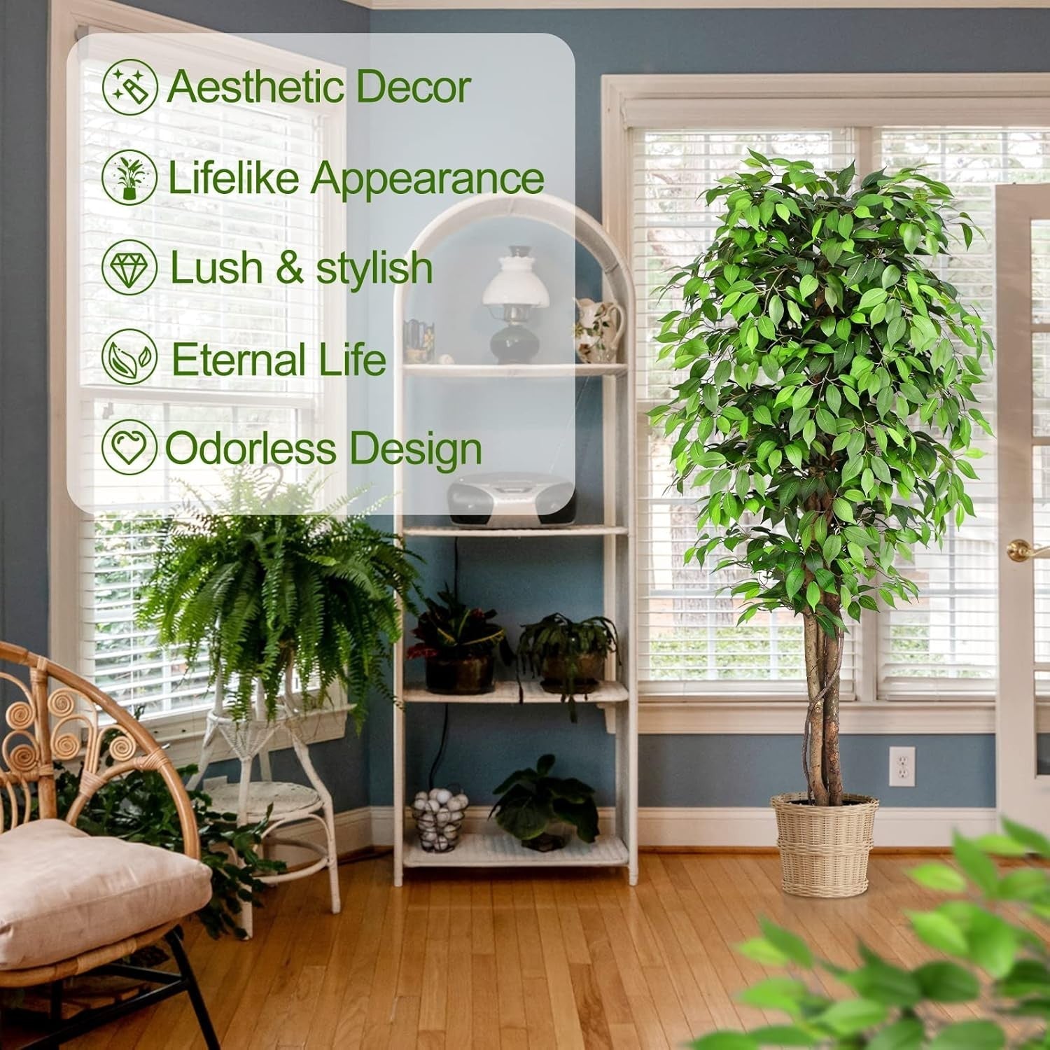 7ft Large Fake Ficus Trees Set of 2, Curved Real Wood Trunks, Indoor Decor 210cm