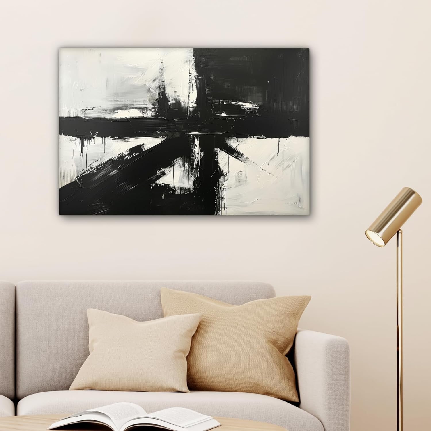 Abstract Black White Canvas Wall Art 60x40cm Framed Modern