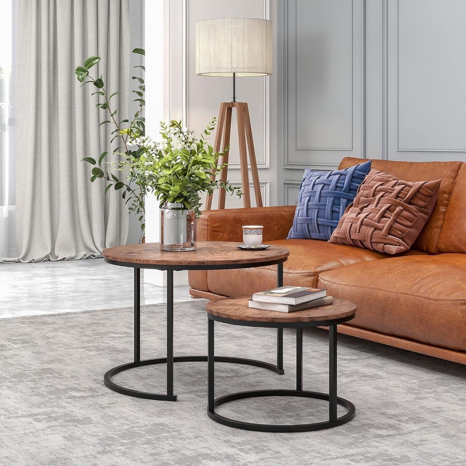 Space Saving Nesting Coffee Tables Set Round MDF Top Metal Frame Modern Black/Br