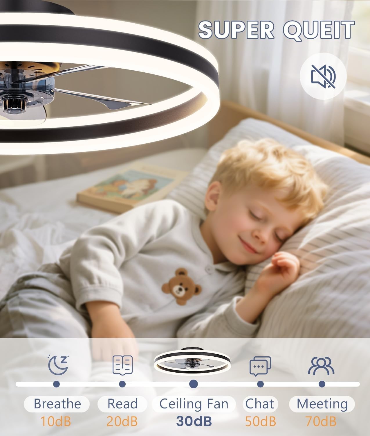 60cm Ceiling Fan Light, 6 Speeds, Dimmable LED, Reversible, Quiet Black Fan