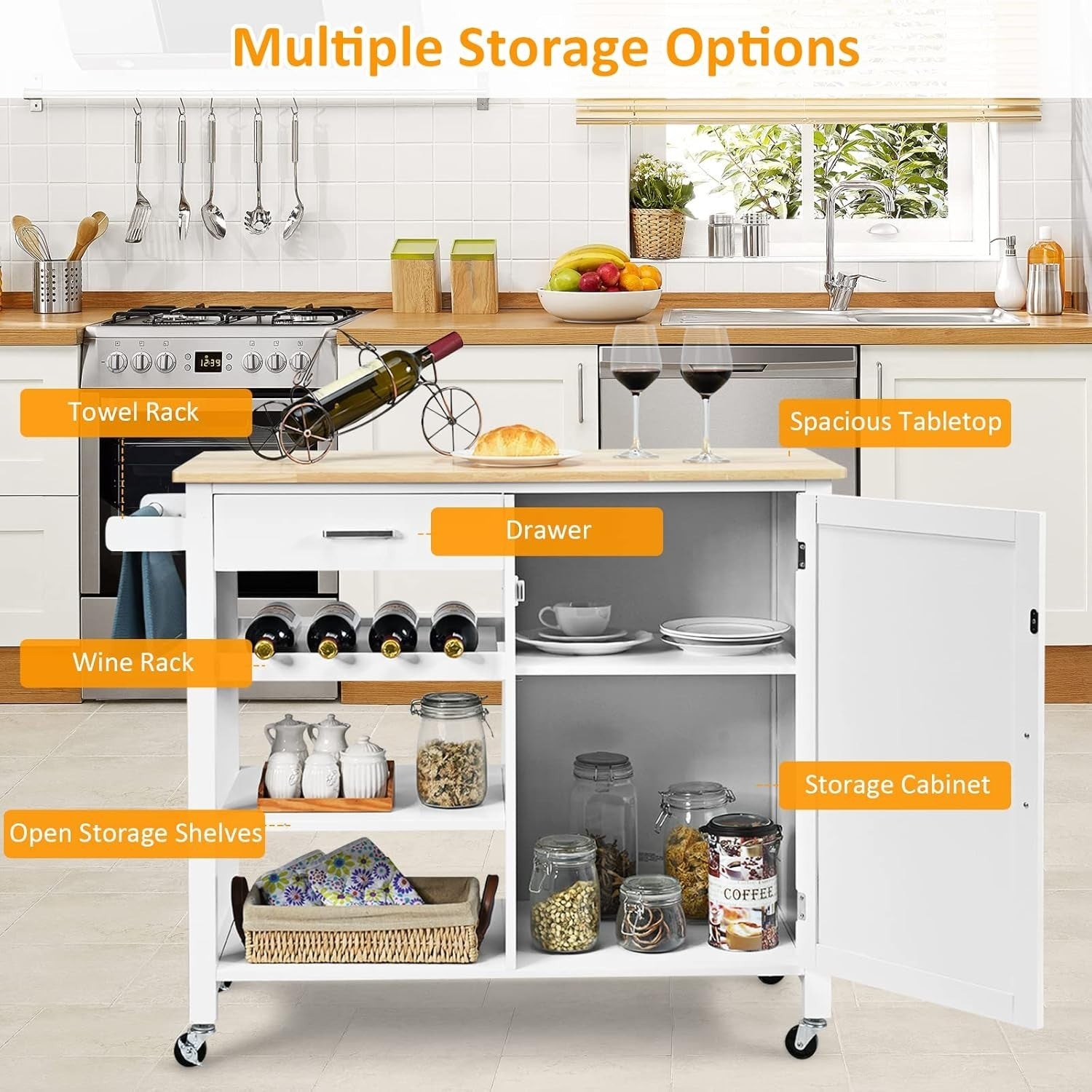 Rolling Kitchen Island Cart with Oak Top, Wine Rack, Drawer & Storage