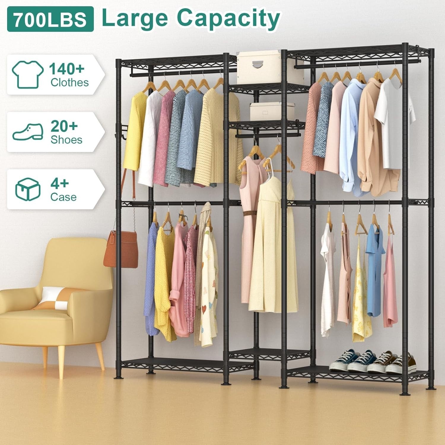 Adjustable Clothes Rail 5 Rods & 7 Shelves – Black 195cm