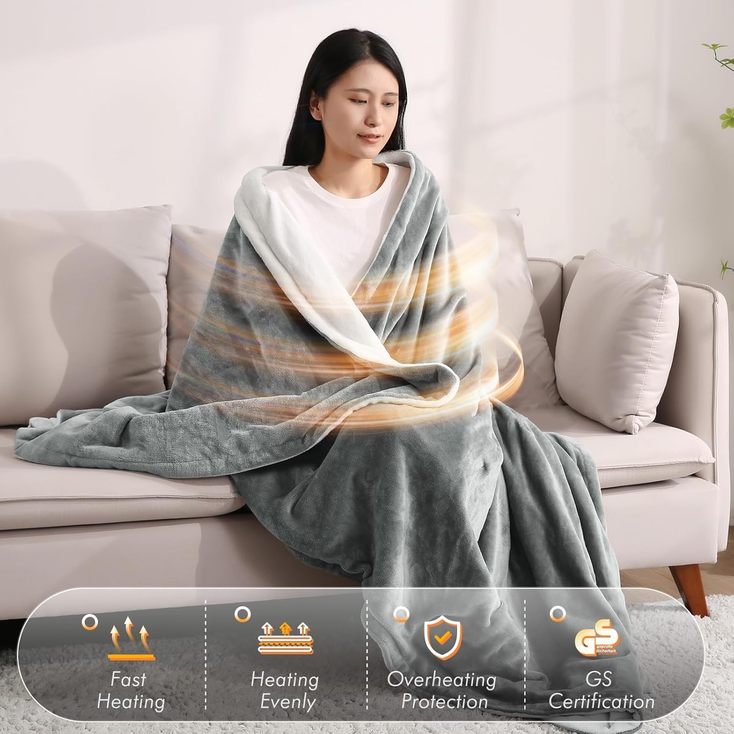 Electric Heated Throw Blanket 4 Heat Levels Fast Warm Auto Off Washable