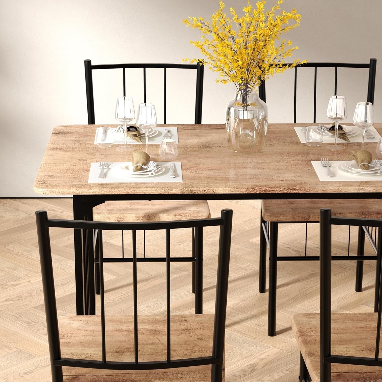 Rustic Wooden Dining Table Set 4 Metal Frame Chairs Kitchen & Dining Room