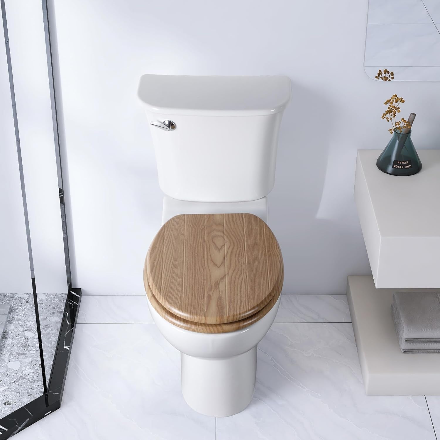 Striped Oak Wooden Toilet Seat | MDF Oval Design Adjustable Hinges 107–203mm