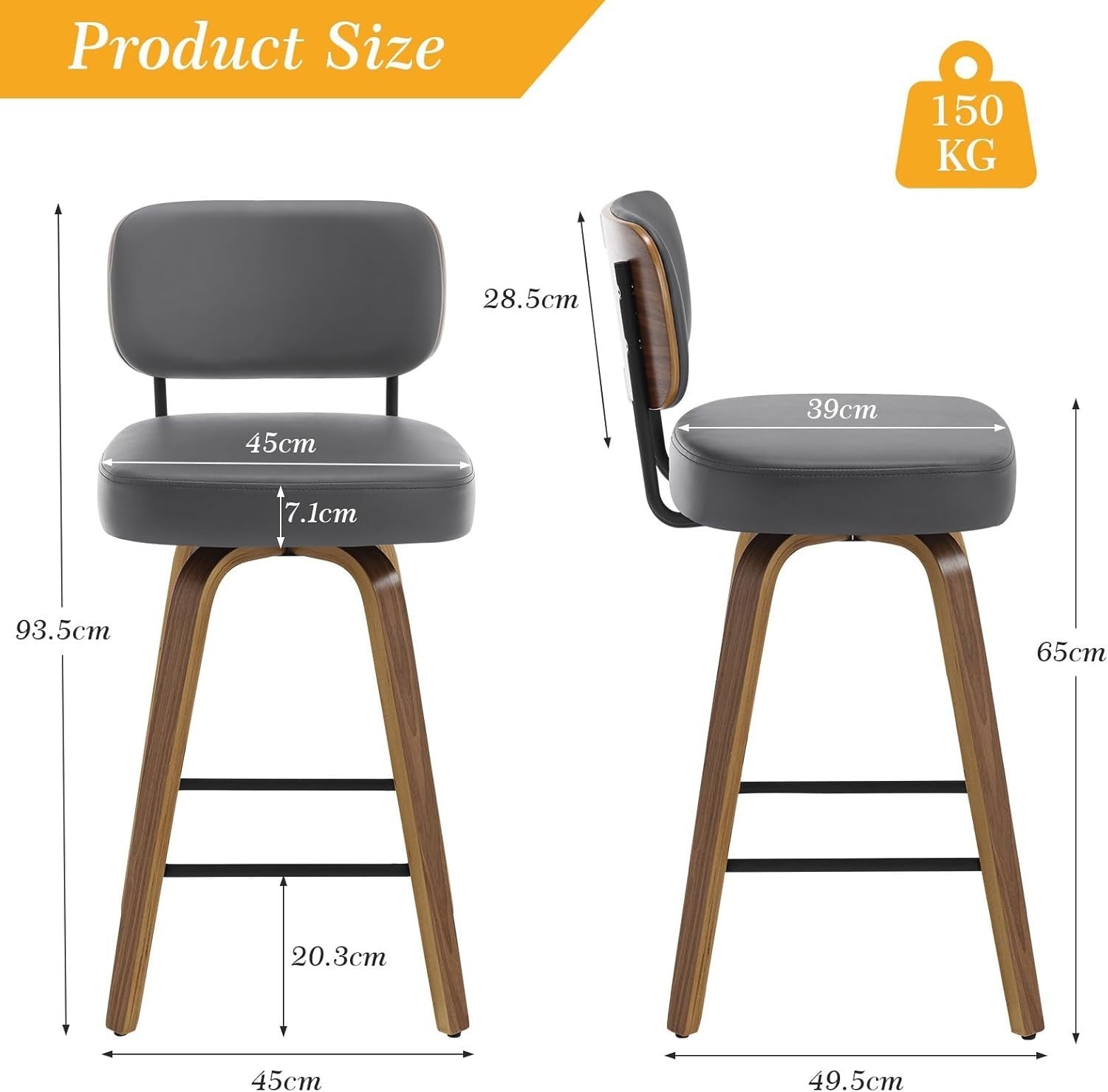 Swivel PU Leather Bar Stool | Wooden Frame Counter Chair with Back