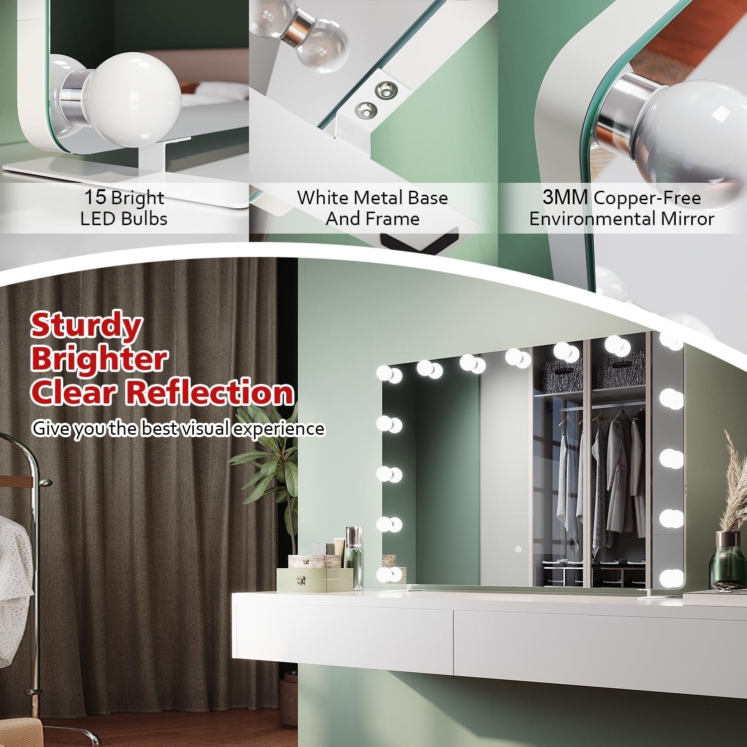 Lighted Makeup Mirror with 15 Dimmable LED Bulbs, Touch Control, 3 Colors