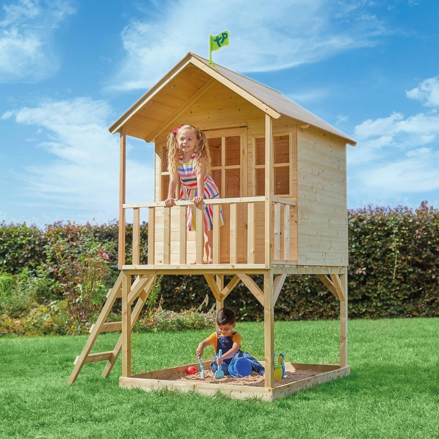 Large Wooden Kids Playhouse Tower Outdoor w Veranda Sandpit Ladder