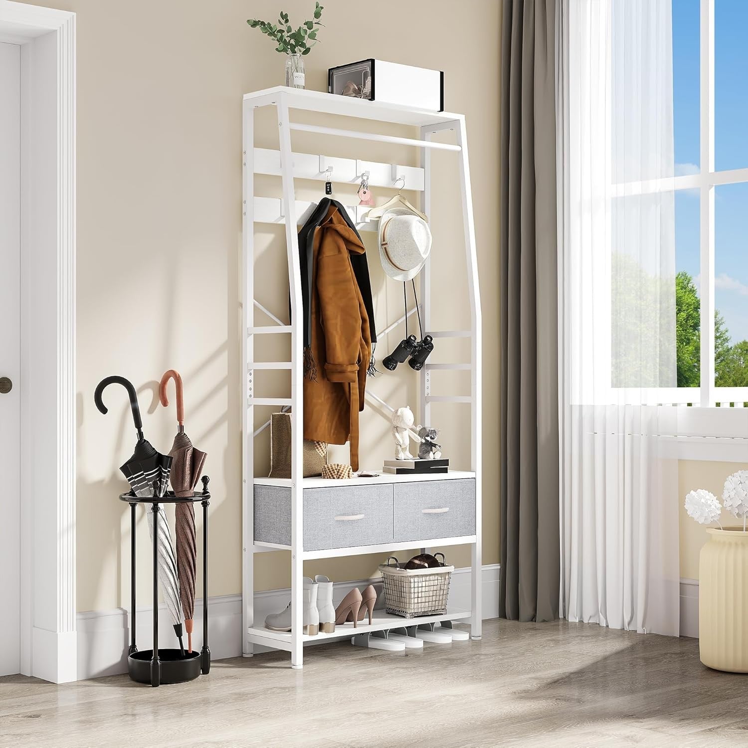 White Hall Tree Coat Rack with Bench | Metal Frame Shoe Storage & Drawers Stand