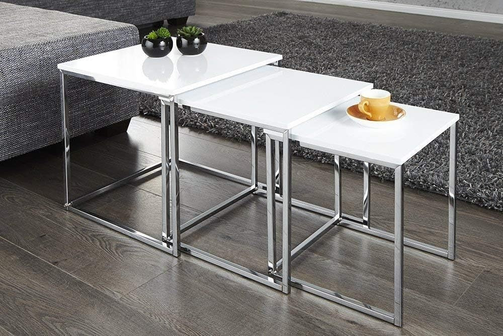 High Gloss White Square Nesting Table Set of 3 Chrome Legs Modern Coffee Side