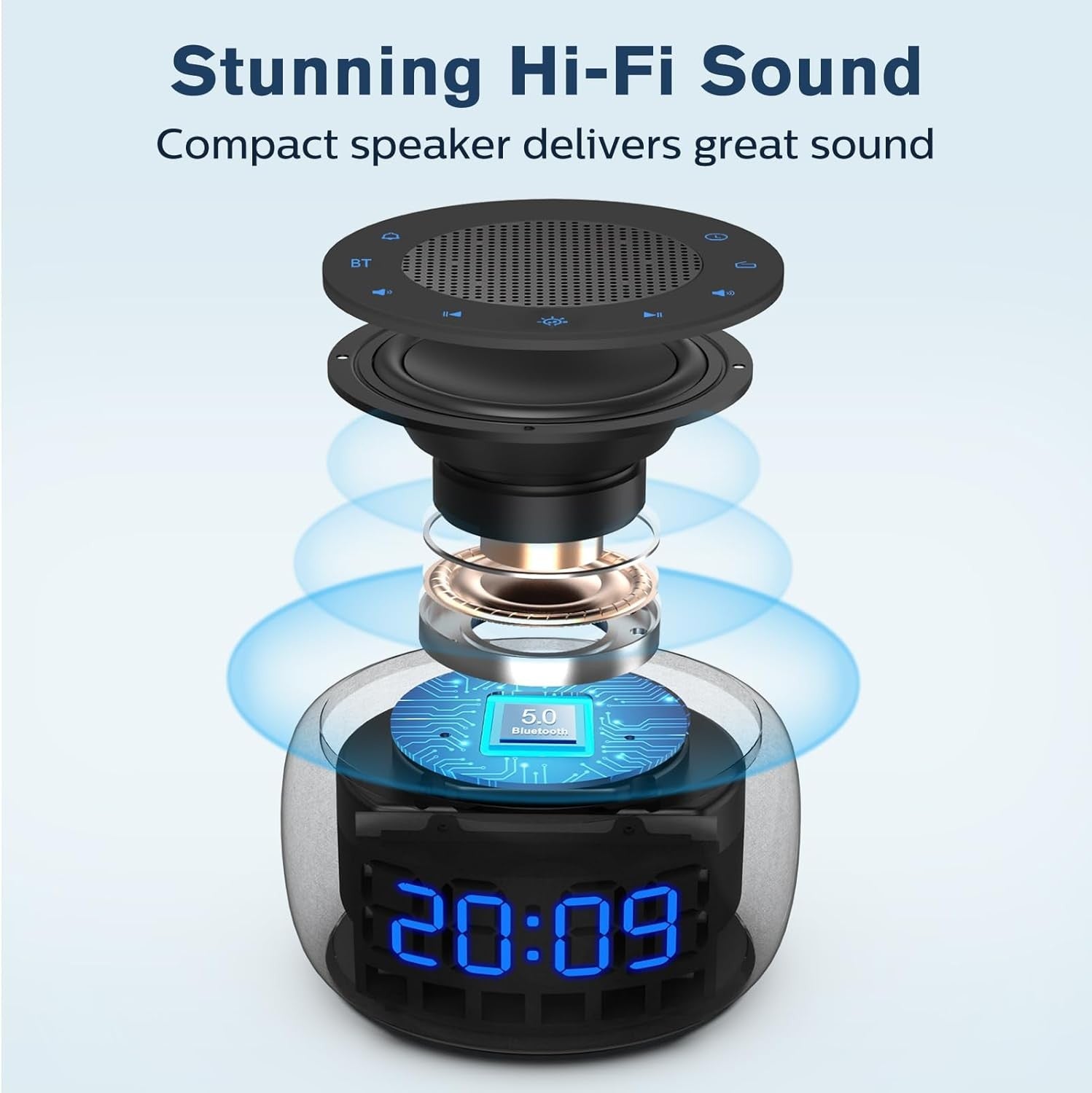 Black Bluetooth Speaker Alarm Clock FM Radio LED Display Bedroom