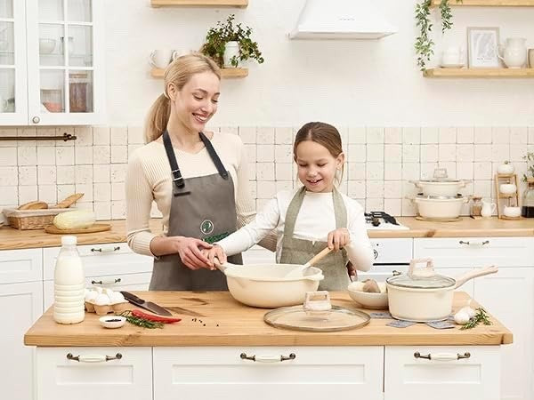 15pcs Beige Non Stick Cookware Set Induction Safe Frying Pans Pots with Lids