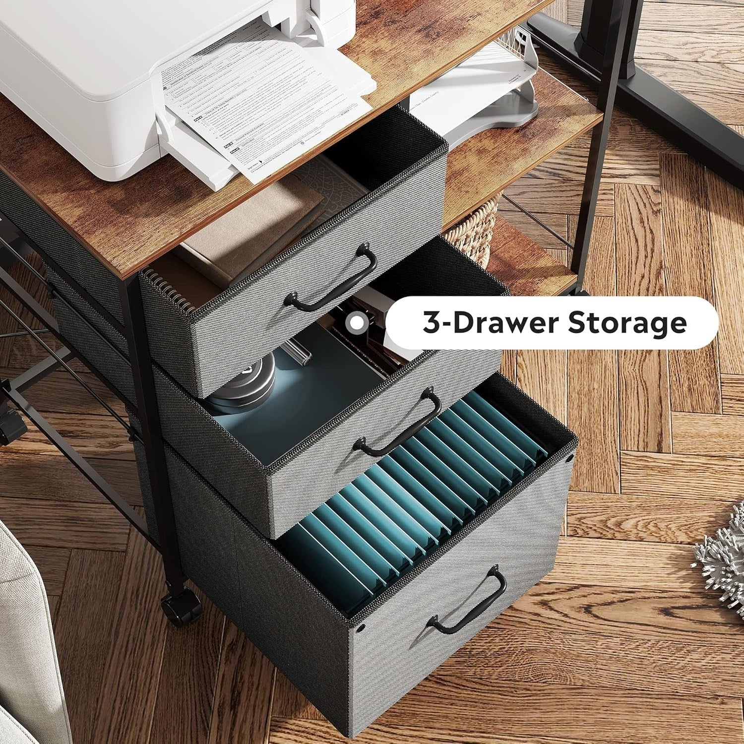 Grey Mobile File Cabinet 3 Drawer 75cm Printer Stand Storage