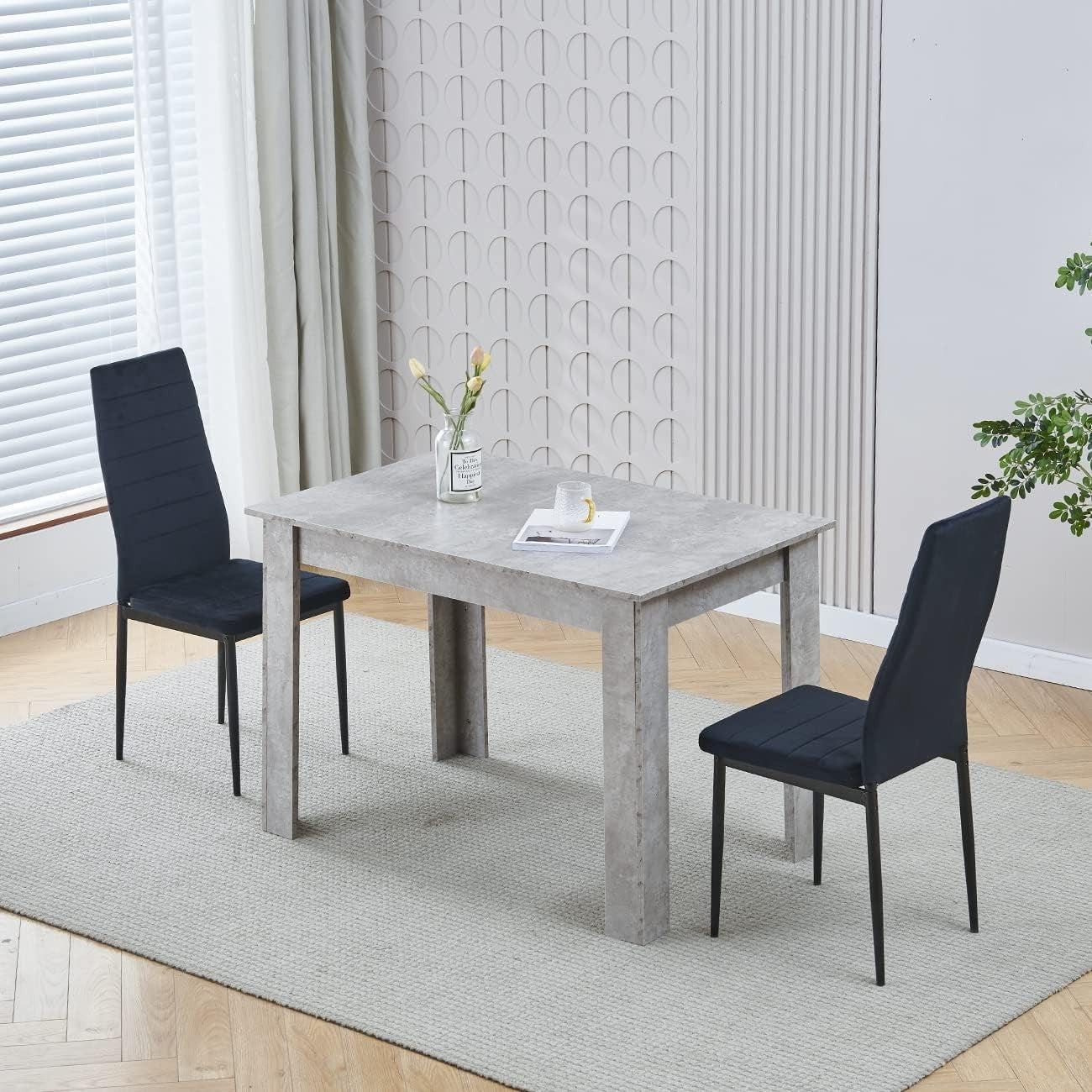 Space-Saving Grey Wood Dining Table & 4 Black PU Leather Chairs Set