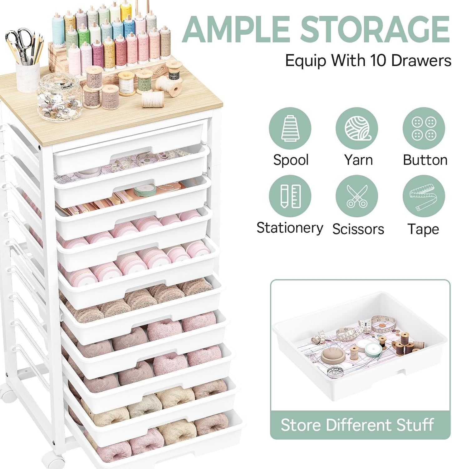 White 10 Drawer Rolling Storage Trolley Craft Organizer with Wooden Top
