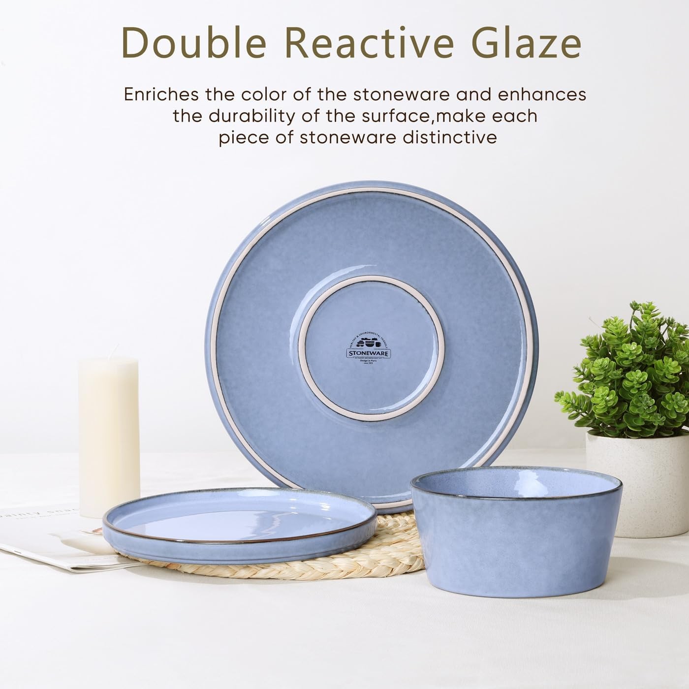 12pc Stoneware Dinner Set Blue Plates Bowls Dishwasher Microwave Safe