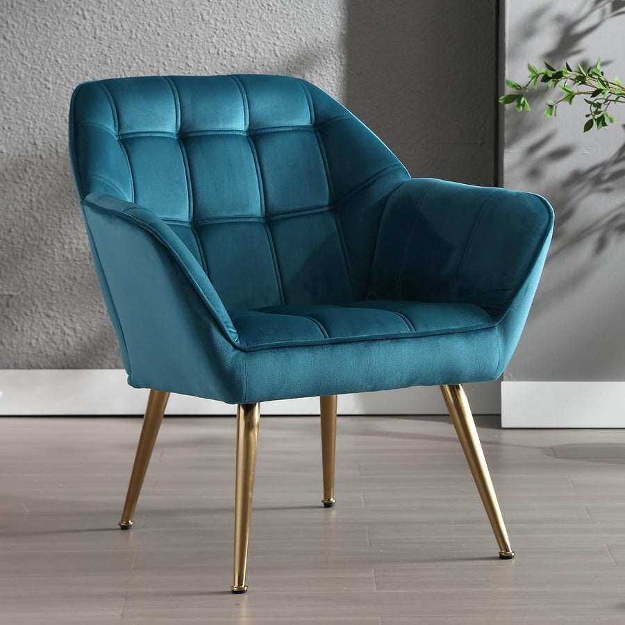 Velvet Accent Armchair Blue Upholstered Tub Chair Gold Legs