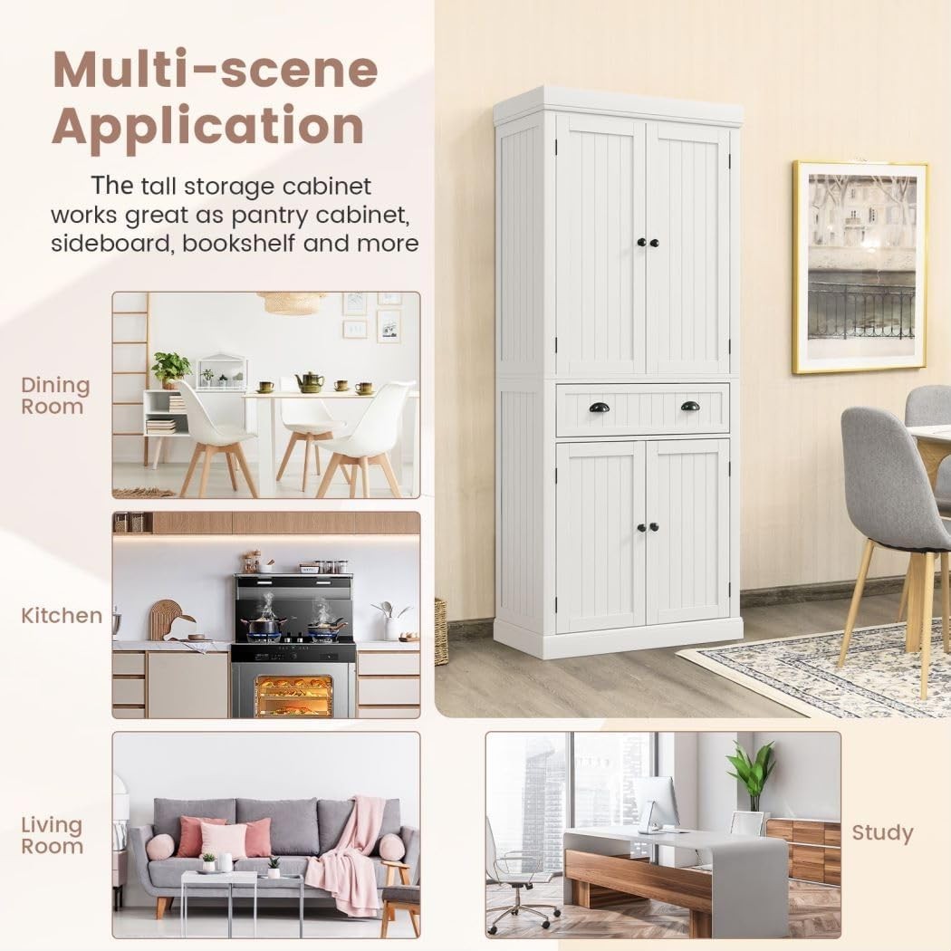 White Tall Kitchen Cupboard 183cm Pantry Storage Cabinet AdjustableUnit