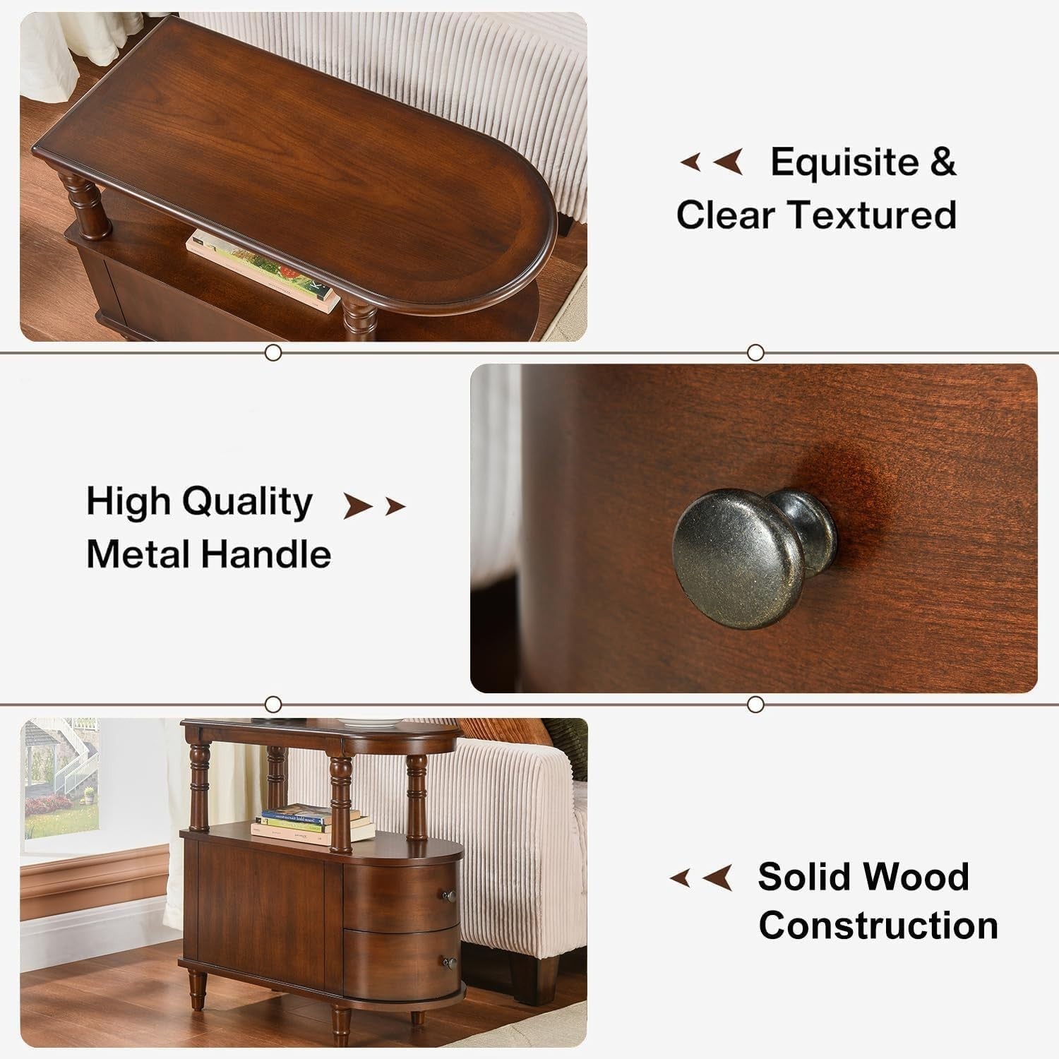 Solid Wood End Table with Drawers & Shelf – Cherry Walnut Side Table