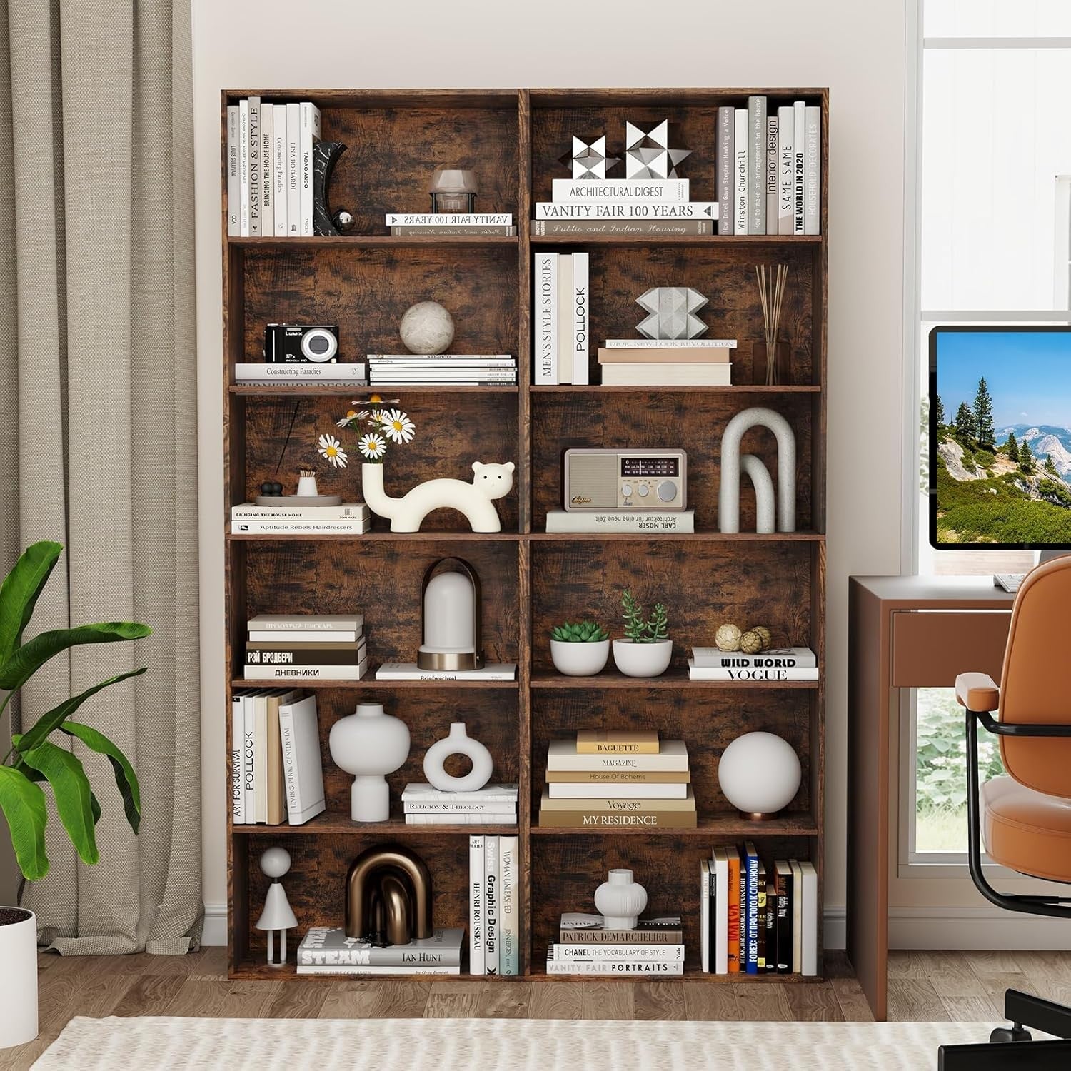 Tall 6-Tier Bookshelf Storage Unit Rustic Wood Shelving Rack for Living Room
