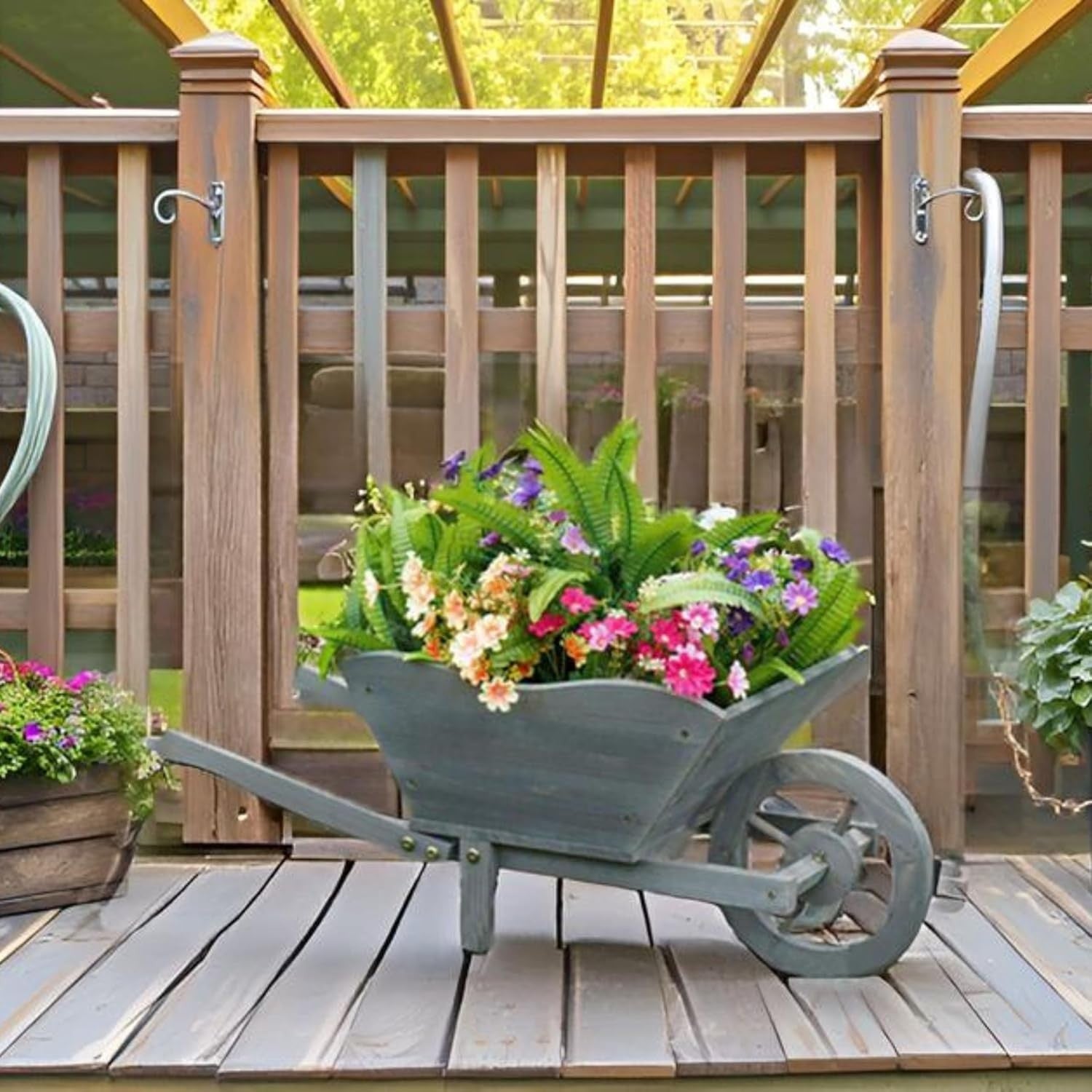 69cm Wooden Wheelbarrow Planter – Grey – Rustic Outdoor Garden Decor w/ Handles
