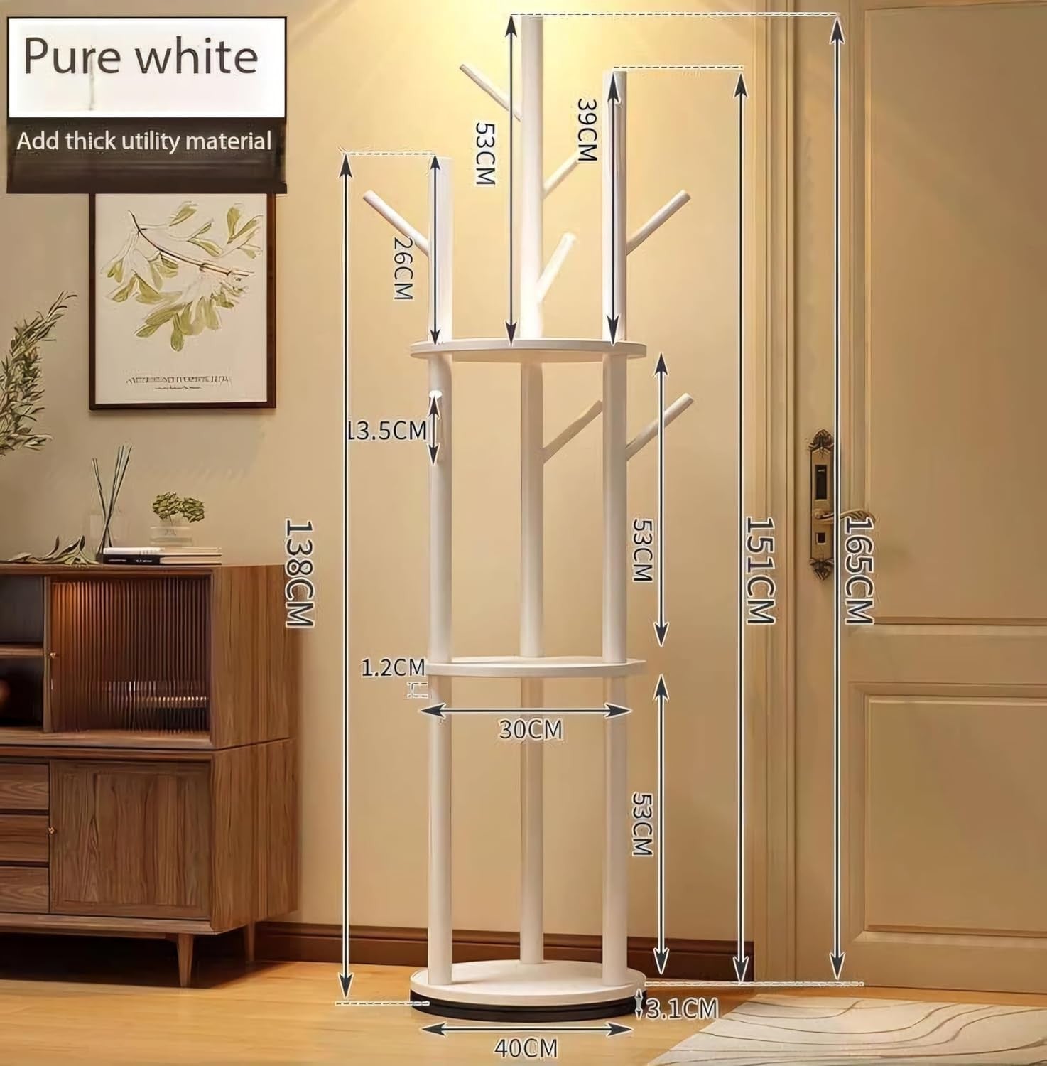 360° Rotating White Wooden Coat Rack Stand with Shelf Solid Wood Hall Tree