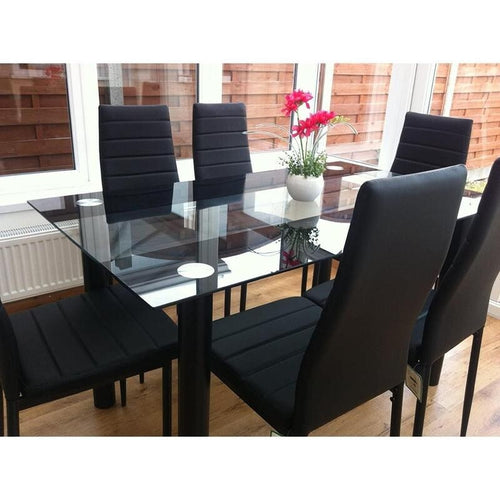 Clear Glass Dining Table Set with 6 Faux Leather Chairs Modern Kitchen