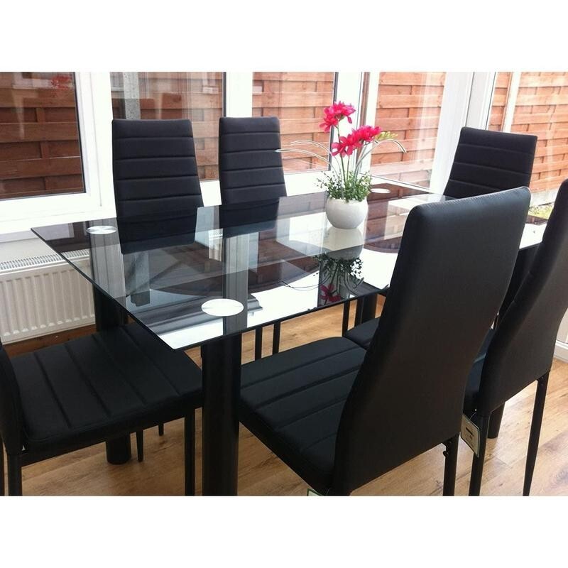 Clear Glass Dining Table Set with 6 Faux Leather Chairs Modern Kitchen