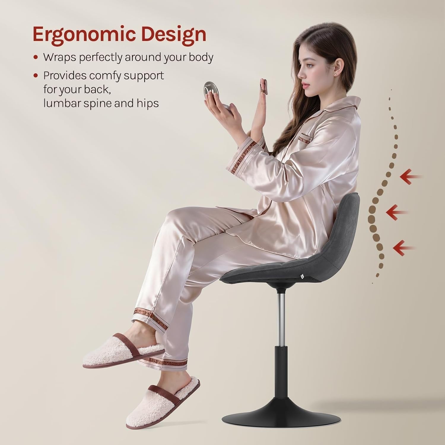 Dark Grey Velvet Swivel Vanity Stool Height Adjustable Dressing Chair