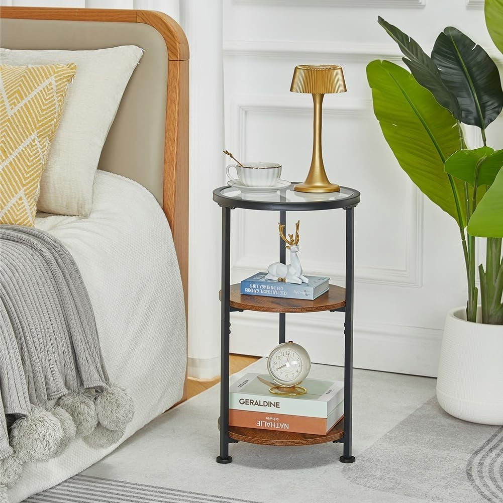 Modern Rustic Brown Round Side Table with Tempered Glass & 3-Tier Storage