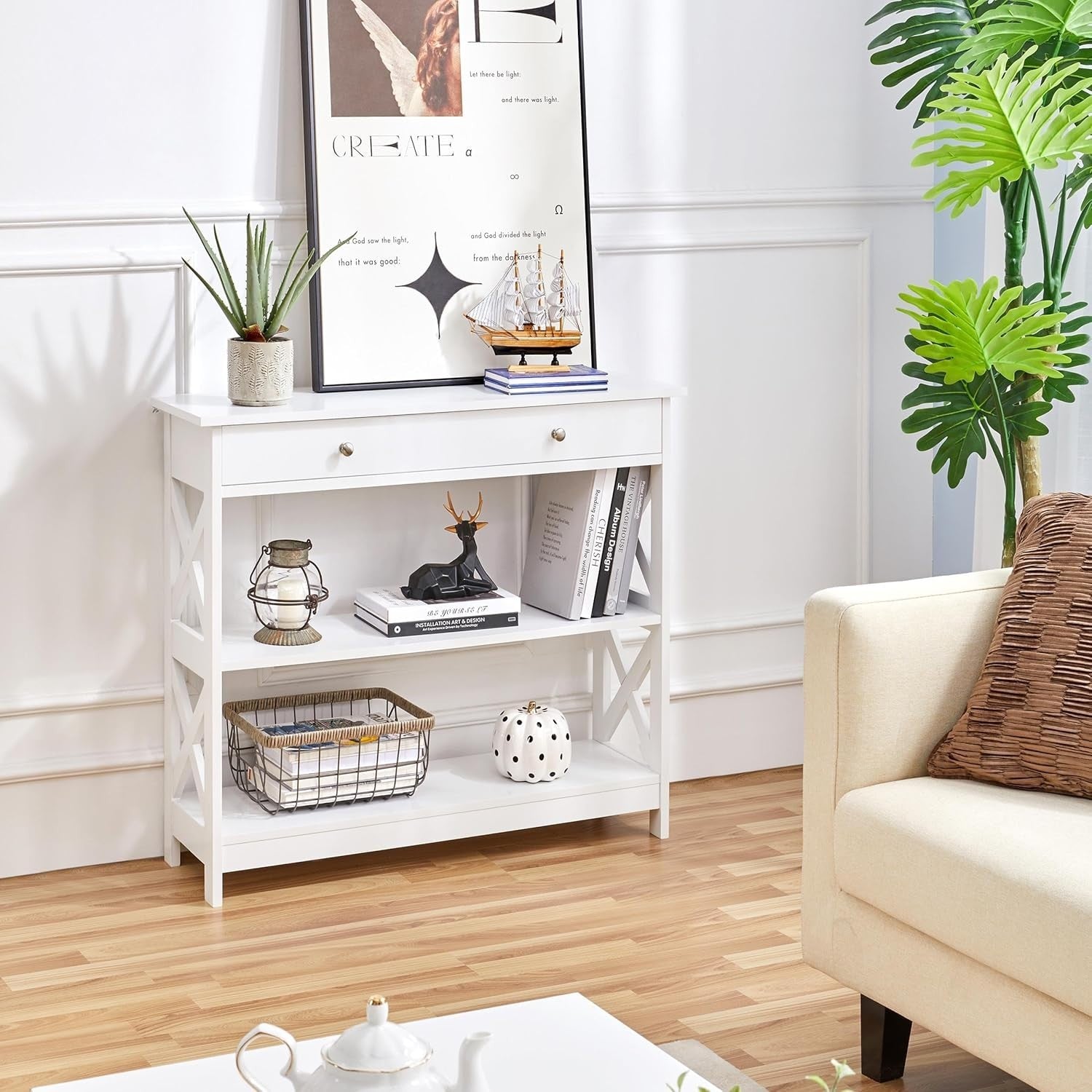 Slim Console Table with Drawer & Storage Shelves – Space-Saving, Durable Wood