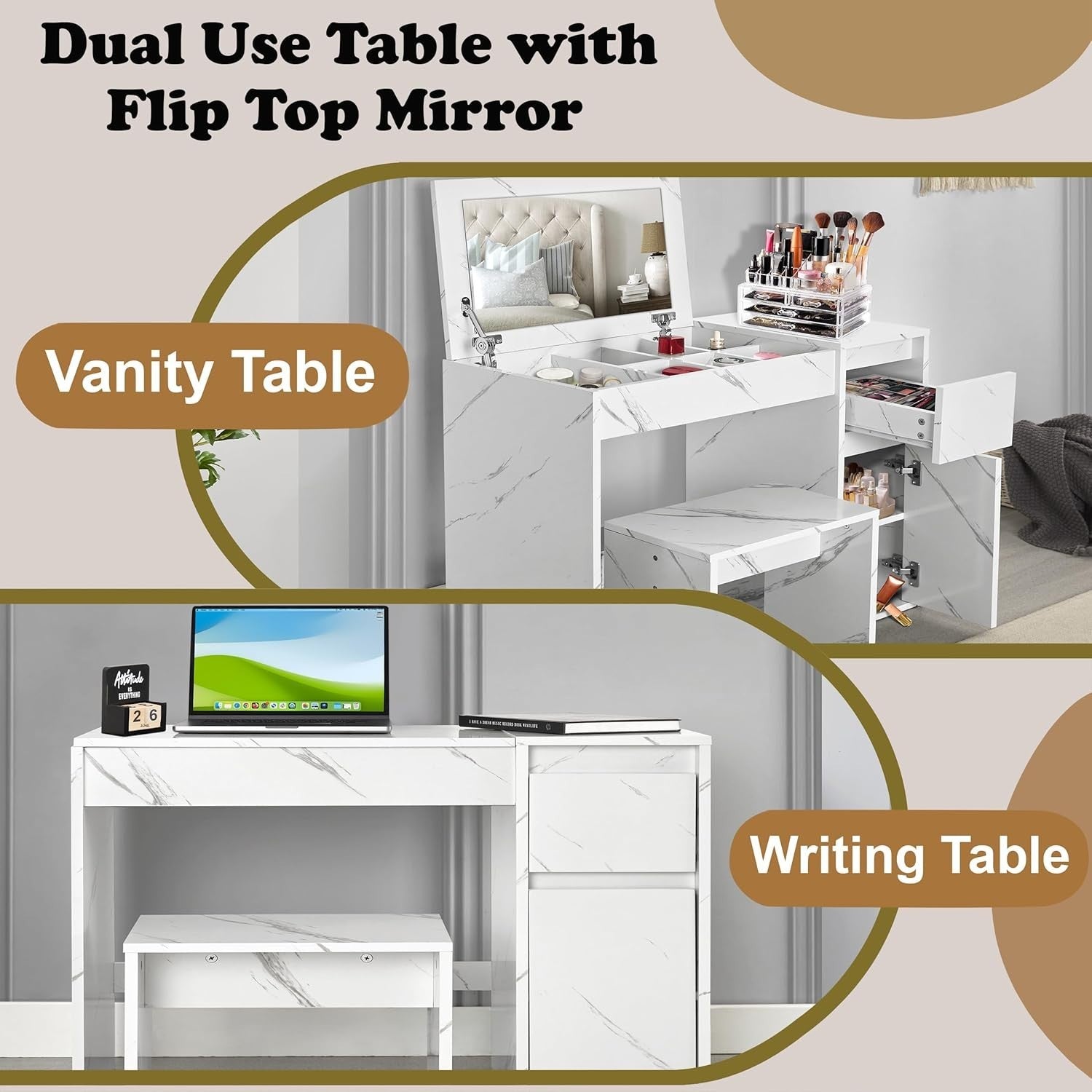 2-in-1 Makeup Vanity Dressing Table Desk Flip Mirror White Marble 1 Drawer Stora