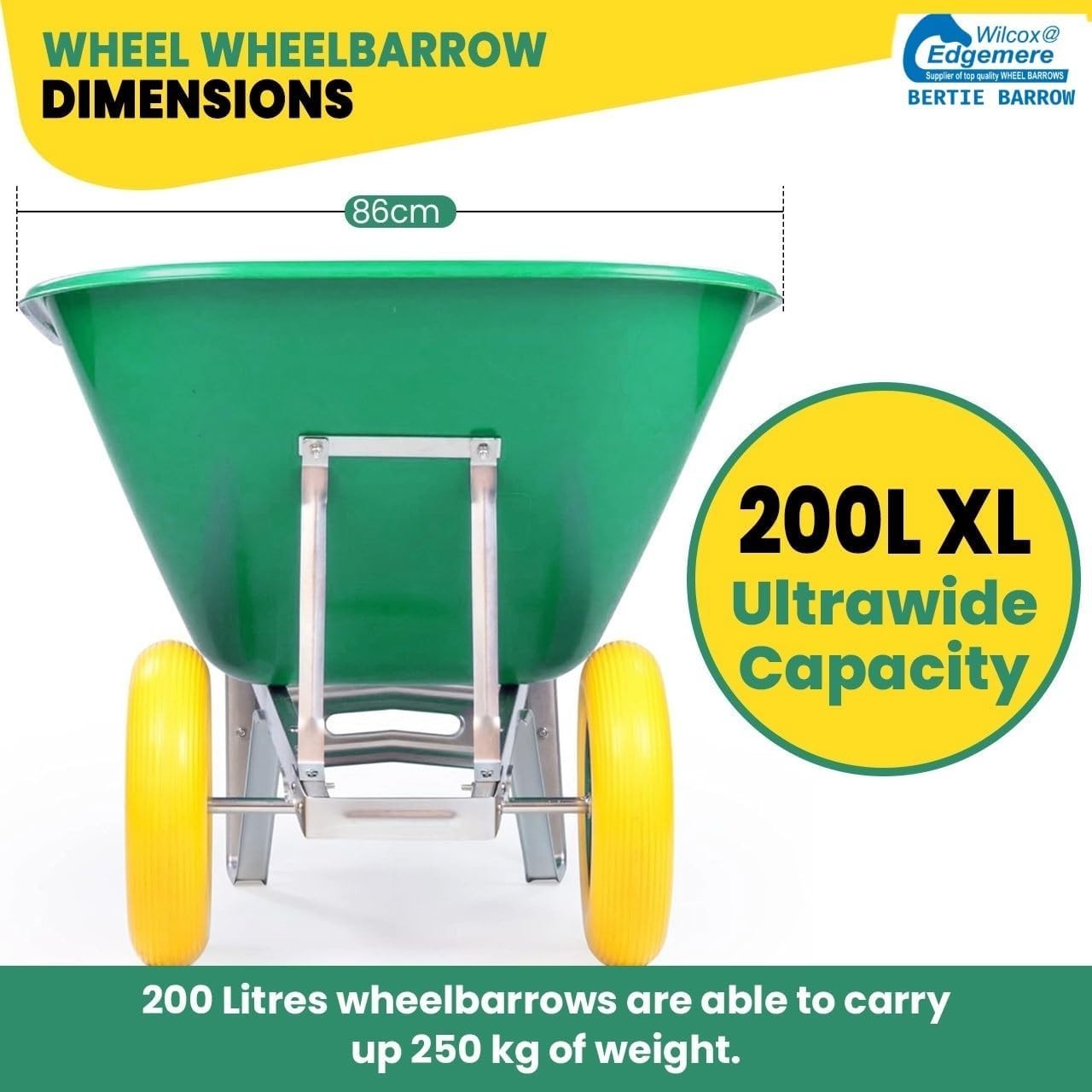 200L 1-Wheel Garden Wheelbarrow – Green – Galvanised Frame w/ PU Tyre 250kg Load