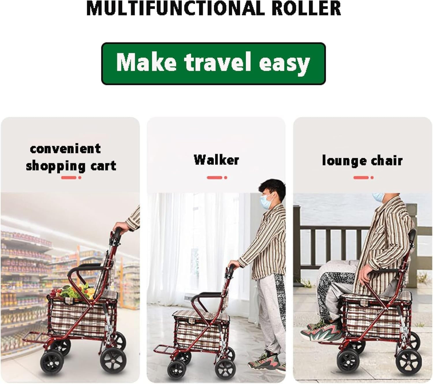Foldable 4-Wheel Shopping Cart with Seat – Rollator Walker for Seniors