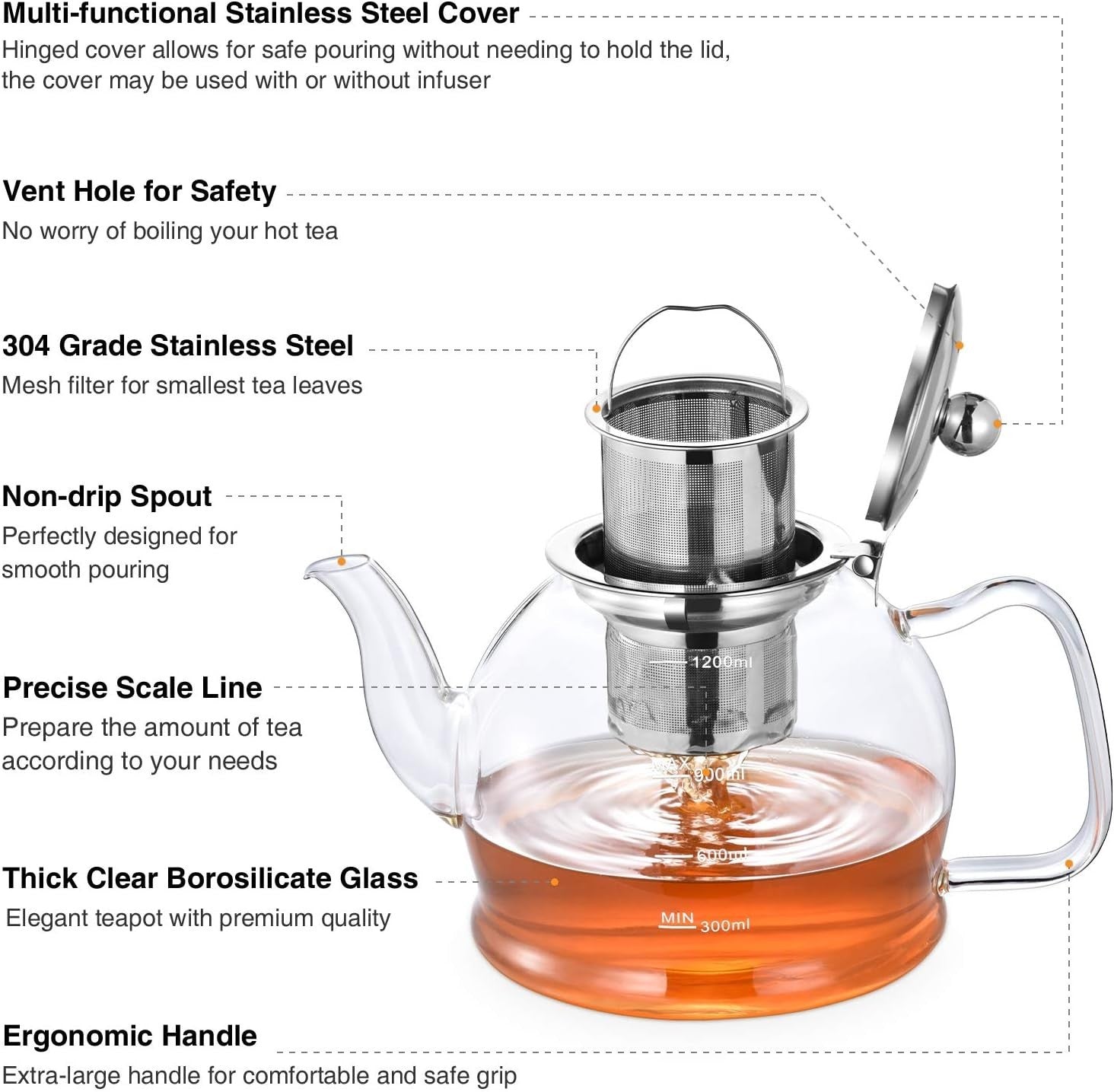 Glass Teapot 1200ml with Stainless Steel Infuser Loose Leaf Tea Pot