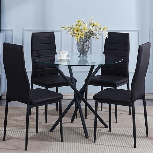 Black Round 5-Piece Glass Dining Table with 4 PU Leather Chairs