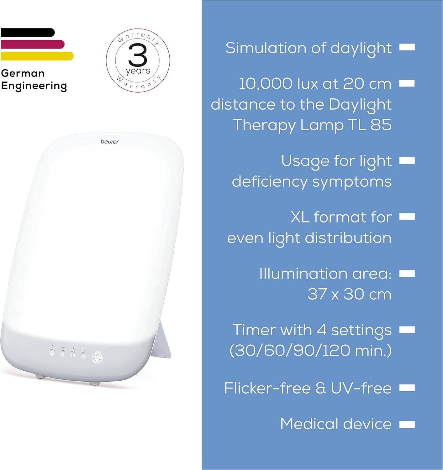 White SAD Light Therapy Lamp 13000 Lux Daylight Simulation Medical Timer