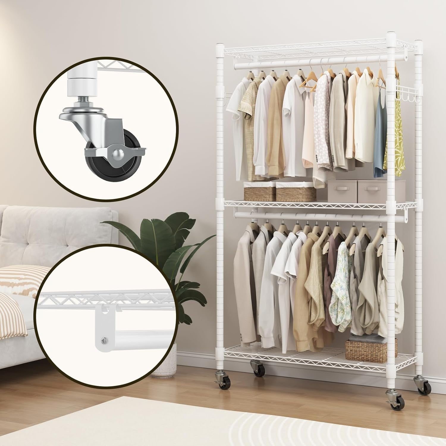 Heavy Duty Clothes Rail with Shelves & Wheels – White 205cm