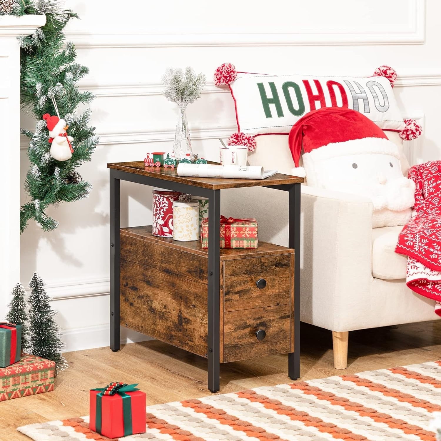 Slim Industrial Side Table with 2 Drawers & Open Shelf, Rustic Brown 30x48x61.5c