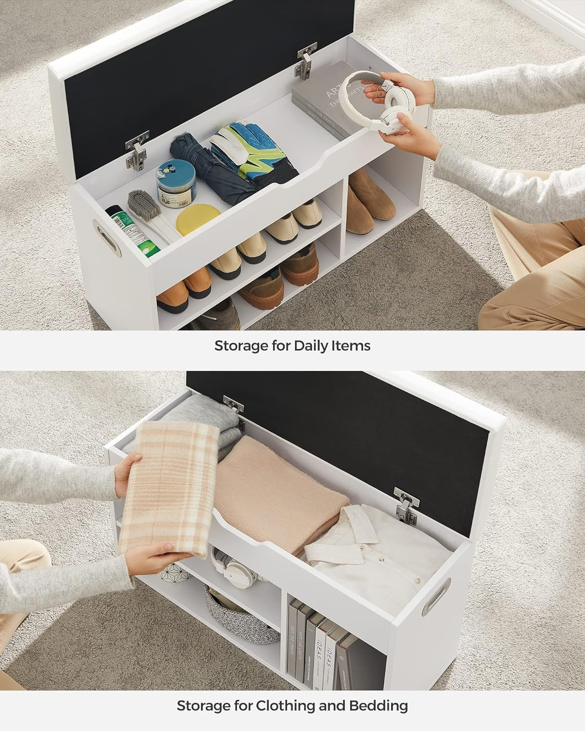 White Shoe Storage Bench with Cushion, 3 Compartments, Lift-Top Seat