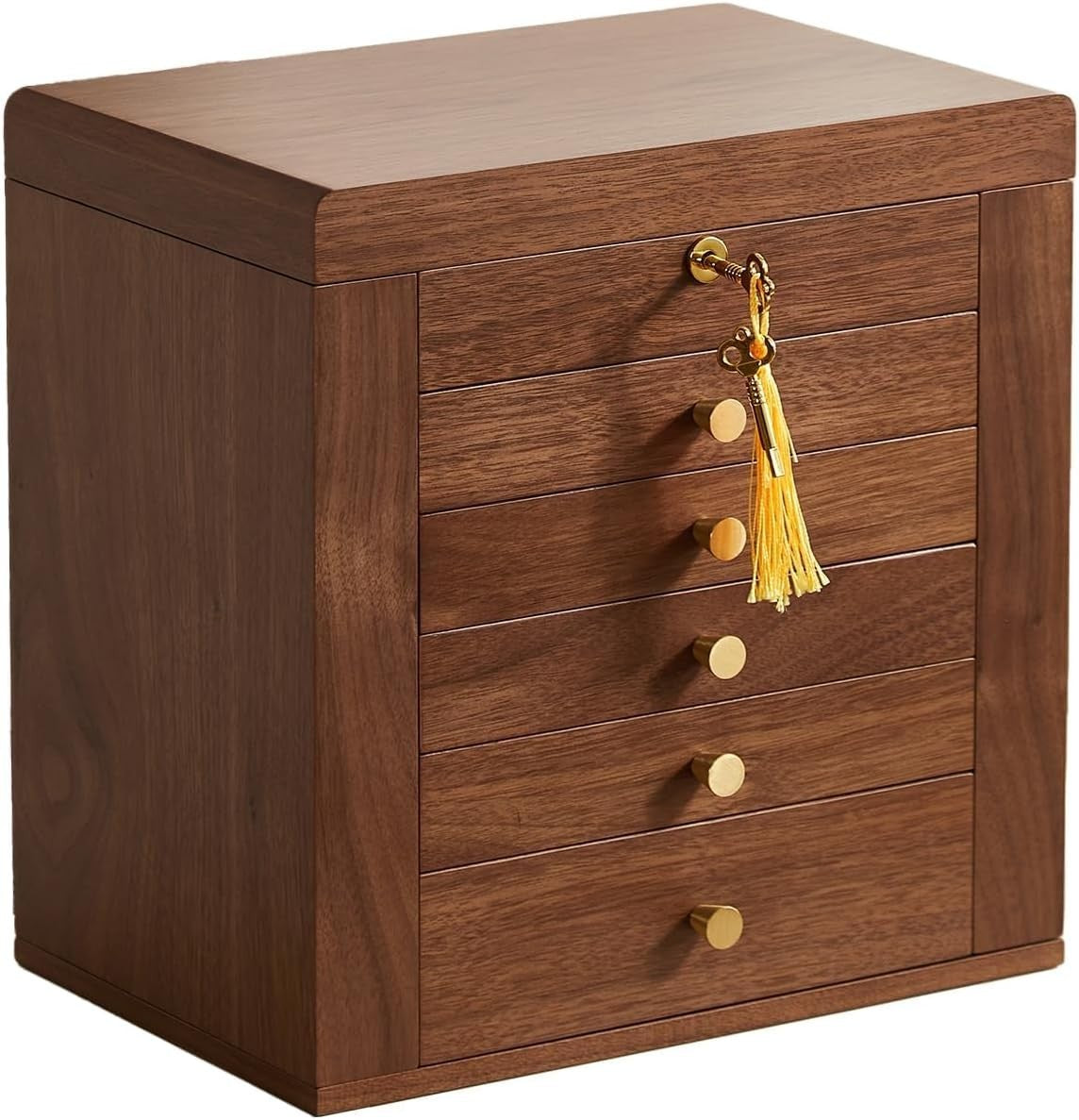 Walnut Wooden Jewelry Organizer Box Lockable Mirror 6 Layer Storage