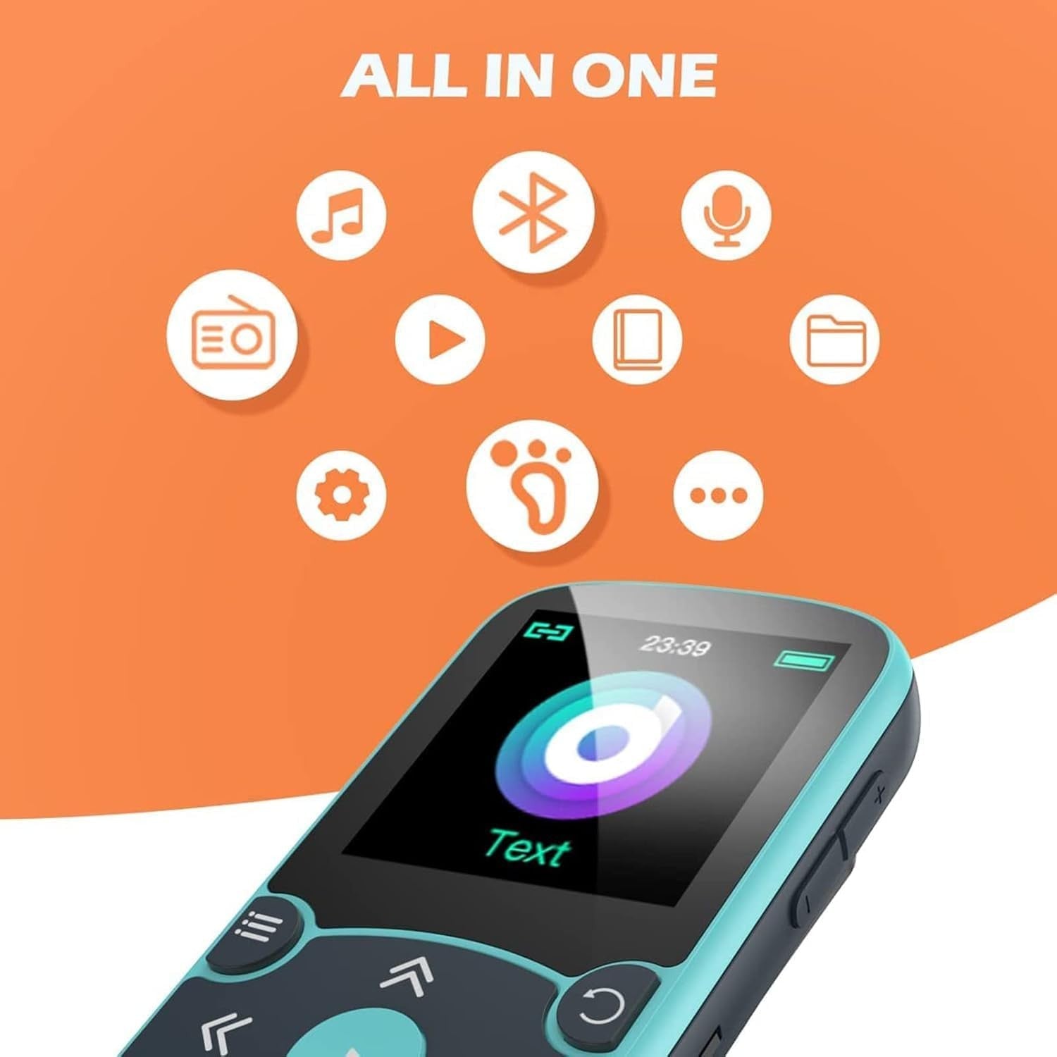 32GB Bluetooth 5.3 Mini MP3 Player with Clip & Color Screen – Black