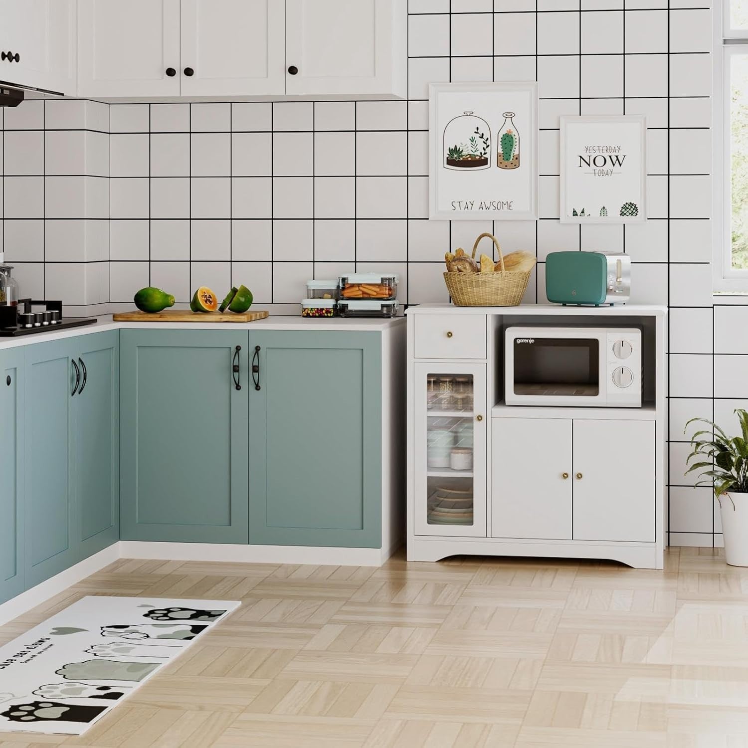 Adjustable White Kitchen Storage Cabinet with Microwave Shelf & Drawer 90x40x82c